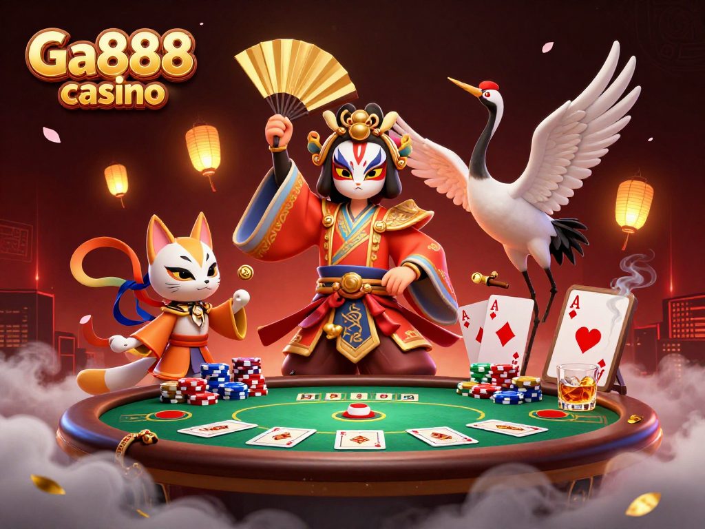 Engage in thrilling gameplay at Ga888 casino with a vibrant 3D scene showcasing poker action.