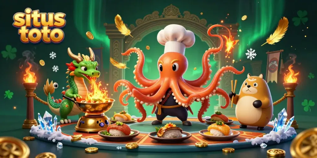 Engage in situs toto action with a vibrant 3D illustration of characters and gambling elements.