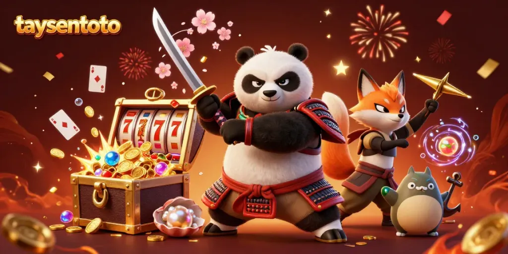 Menangkan hadiah dengan taysentoto, ilustrasi karakter judi dan mesin slot yang menarik.