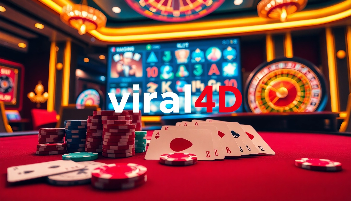Engaging scene showcasing viral4d logo on a modern casino table with poker chips and roulette wheel.