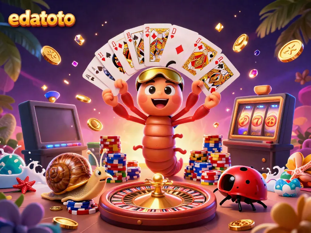 Main dealer edatoto dan karakter kasino lainnya merayakan kemenangan dengan banyak chip dan kartu.