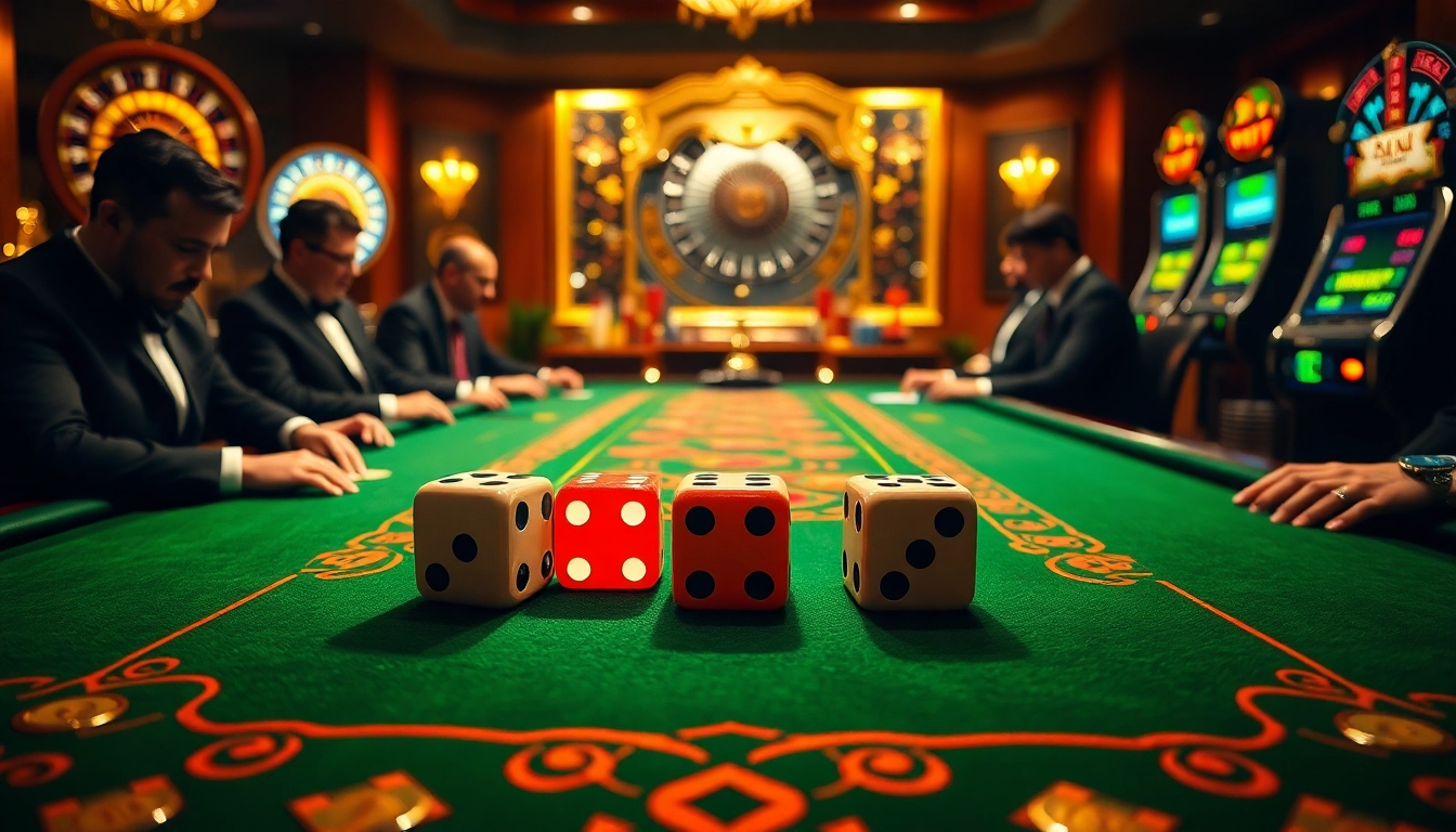 A group of players engaging at a luxurious Tài Xỉu MD5 casino table with vibrant dice, focusing on excitement.