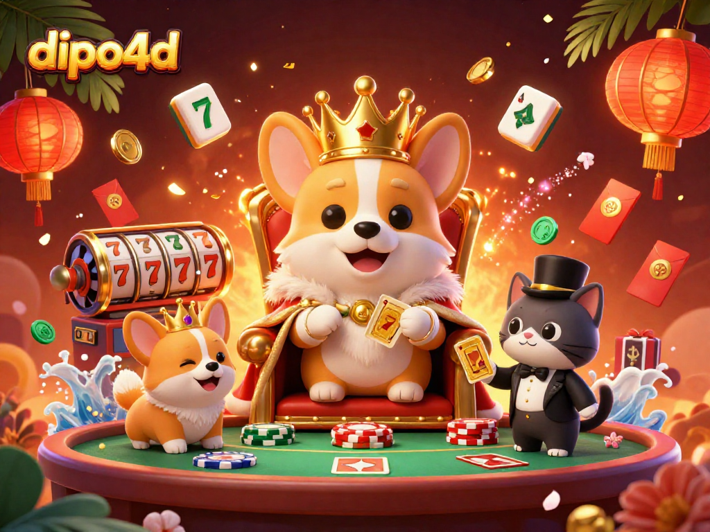 Play and win with dipo4d in this vibrant 3D illustration featuring royal characters and gaming elements.