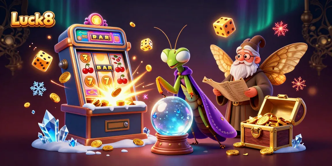 Luck8 casino scene showcasing a mystical fortune teller and wise librarian amidst vibrant slot machine action and colorful game elements.
