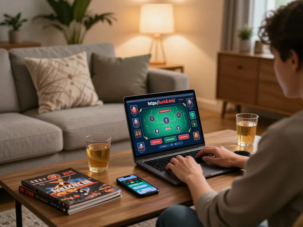 Engaging gameplay on https://luck8.bid/ with a person enjoying a live dealer game in a cozy living room.