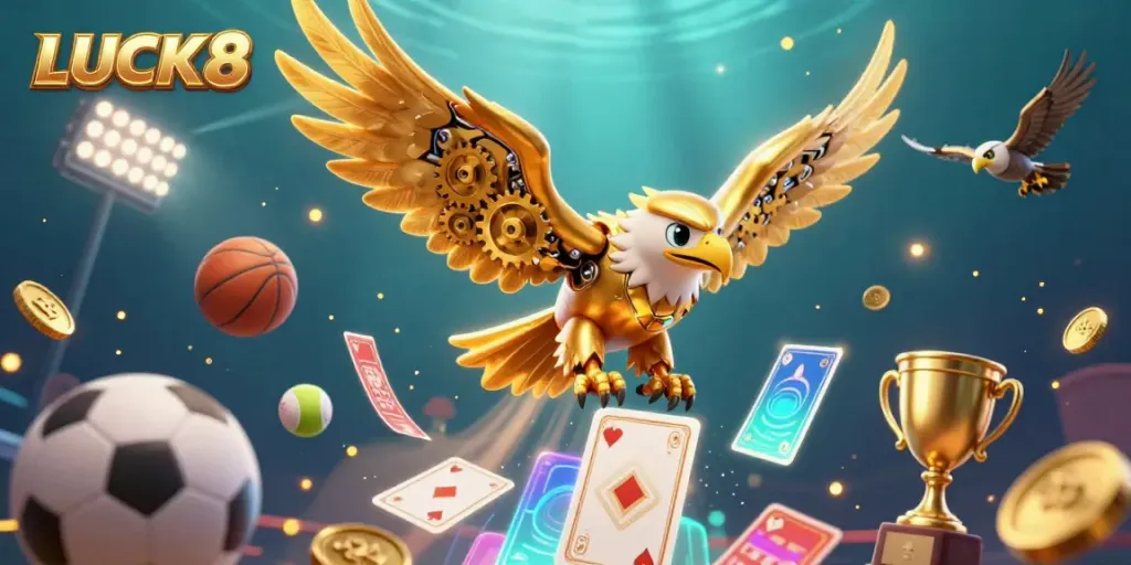 Experience LUCK8 thrills with a golden eagle and vibrant casino elements in an ultra-detailed 3D scene.
