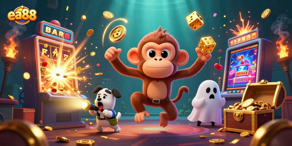 Join the fun with ea88 at a haunted casino featuring a mischievous poltergeist monkey and a brave puppy!