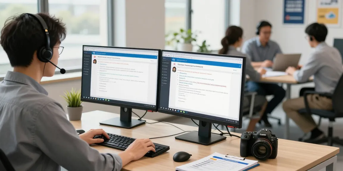 Helpdesk support representative assisting customers at ling4d with dual monitors in a modern office.