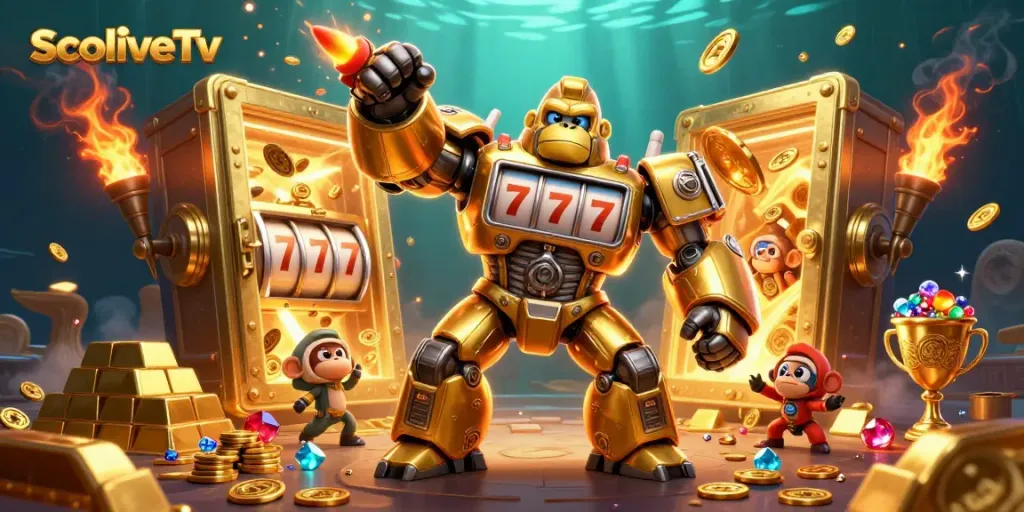 SocoliveTv showcases a dynamic gambling scene with a golden gorilla mech smashing through coins and treasures.