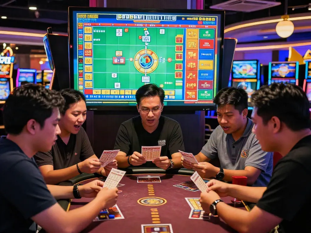Gathering of friends enjoying Bandar Togel betting excitement in a lively casino setting.