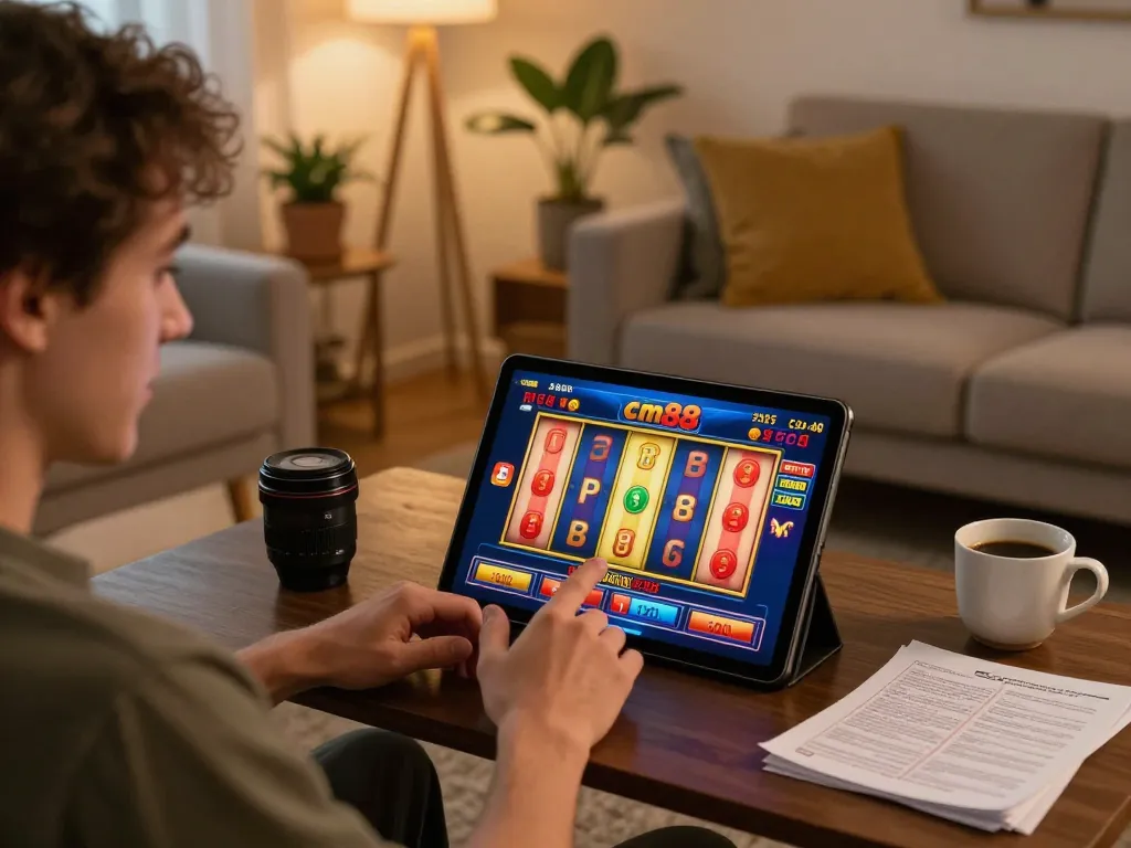 Player engaging with cm88 online casino app during a cozy home session