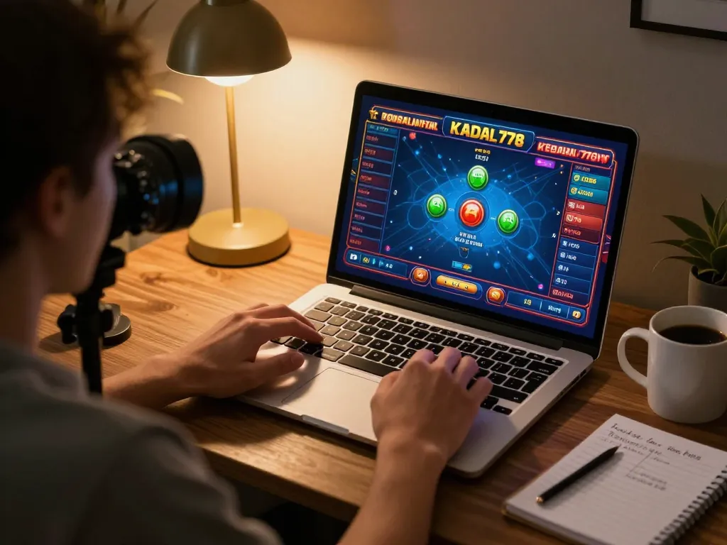 KADAL778 user engaged in online casino gaming on laptop, showcasing strategic gameplay environment in a cozy home setting.