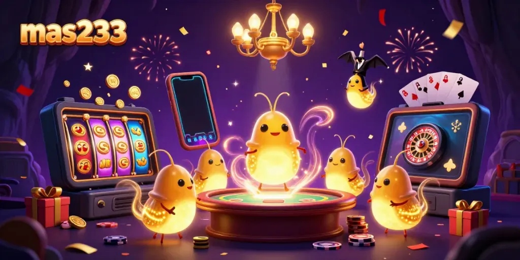 Menang di slot mas233 dengan gulungan berputar dan koin emas meledak dari ponsel.