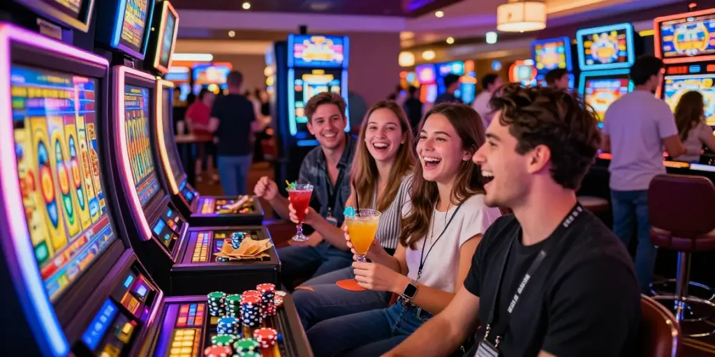 Permainan toto slot di kasino dengan pemain bahagia dan mesin slot berwarna-warni.