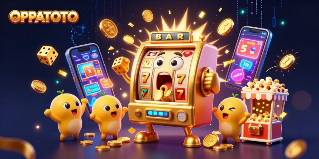 OPPATOTO slot machine celebrates big wins with coins pouring out, engaging players in excitement.