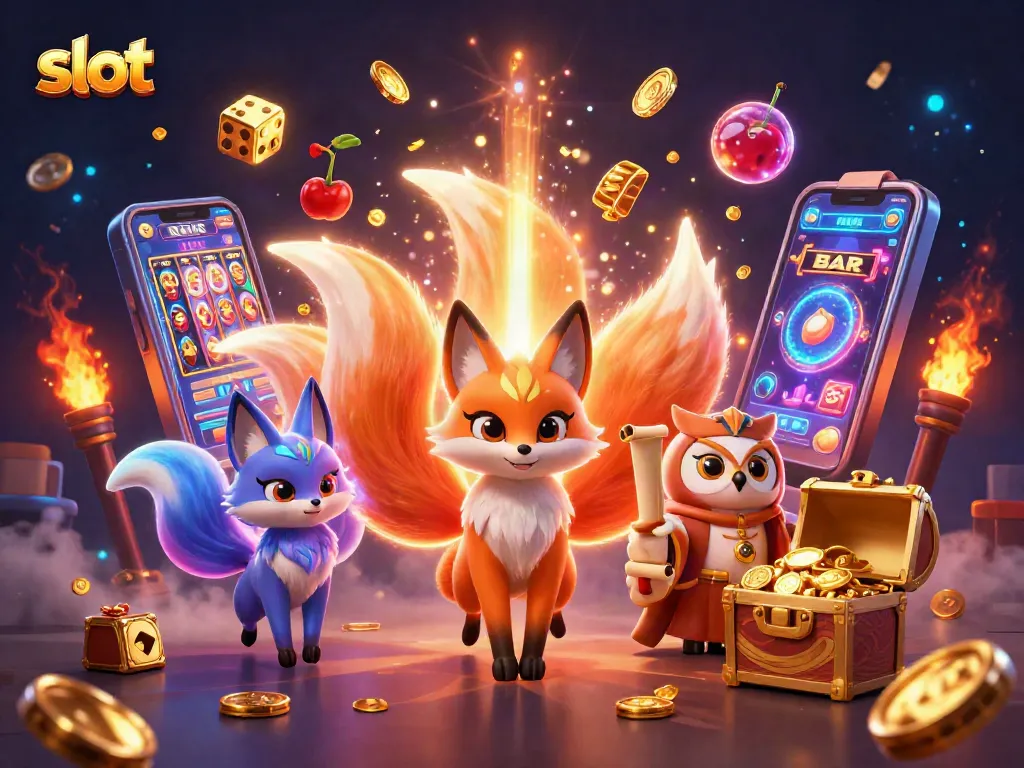 Slot yang memikat dengan karakter kartun, mesin slot, dan efek kembang api yang menawan.