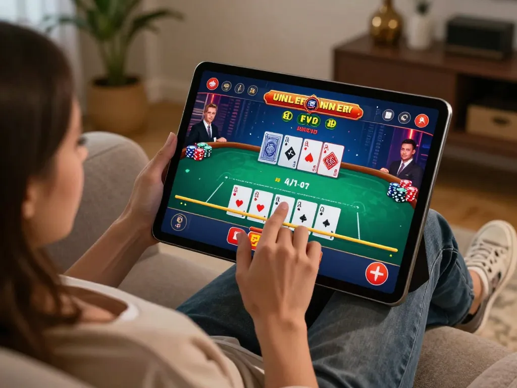Play blackjack on 8XX online casino shown on a tablet in a cozy home setting, highlighting modern gameplay.