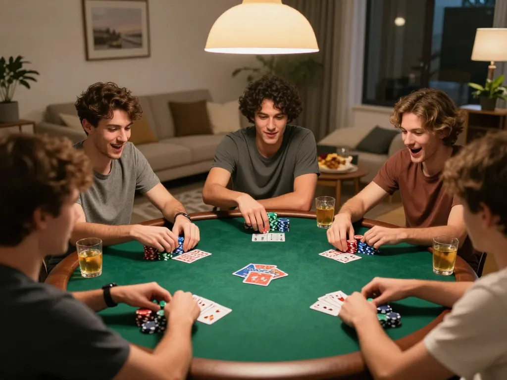 Watch players strategize their hands in a friendly JANGKAR55 poker game at home.