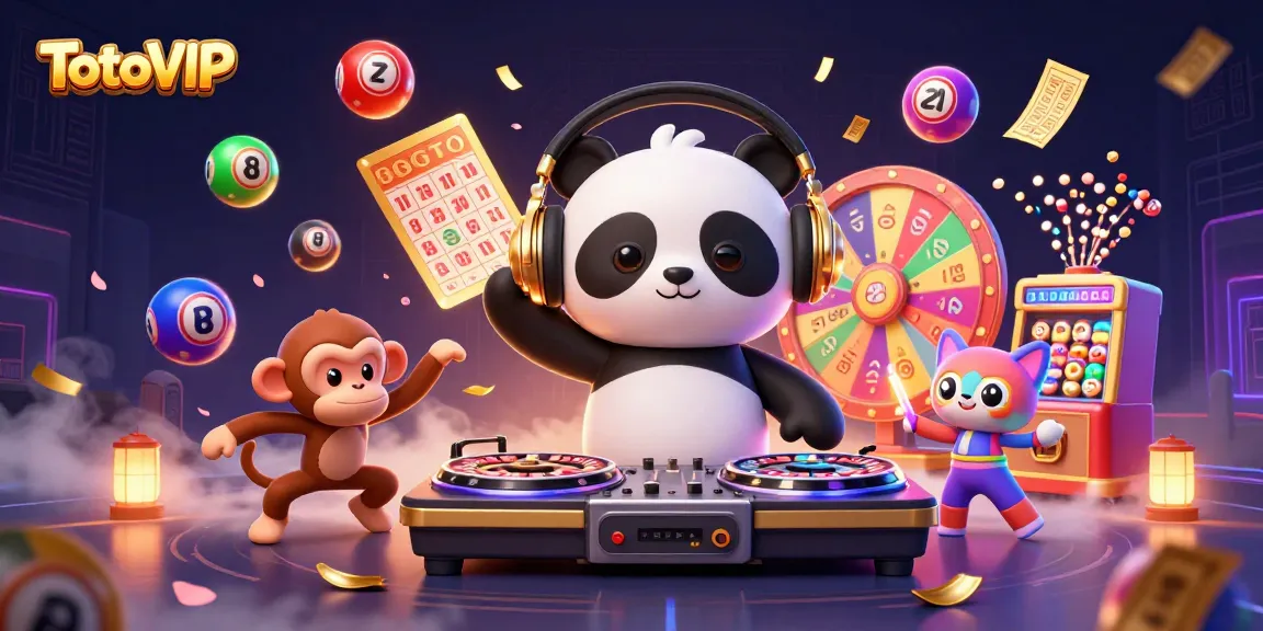TotoVIP engages players with vibrant lottery-themed 3D illustration featuring a DJ panda, breakdancing monkey, and rave kitten.