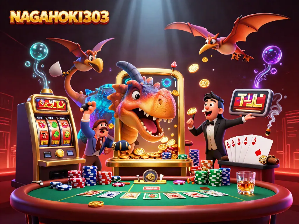 NAGAHOKI303 showcases a dynamic scene of vibrant slot action, featuring a dinosaur and a casino manager amidst a whirlwind of coins.