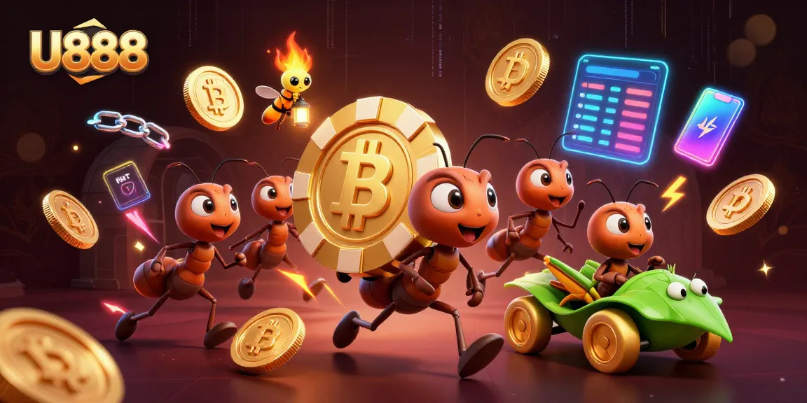 U888 showcases a team of ants in a heist with a golden poker chip amidst vibrant casino elements.