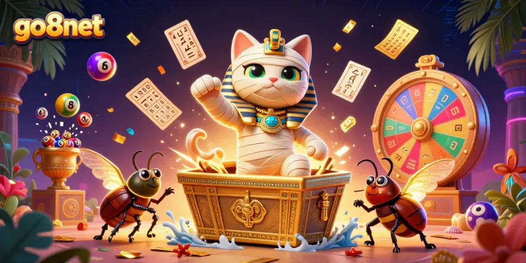 Spin to win at go8net with a dynamic casino scene featuring an Egyptian mummy cat and golden lottery balls.