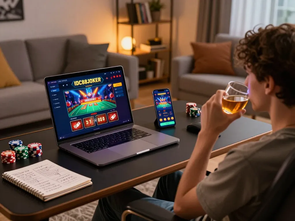 Experience the thrill of online gaming with IDC88JOKER app on a stylish setup.