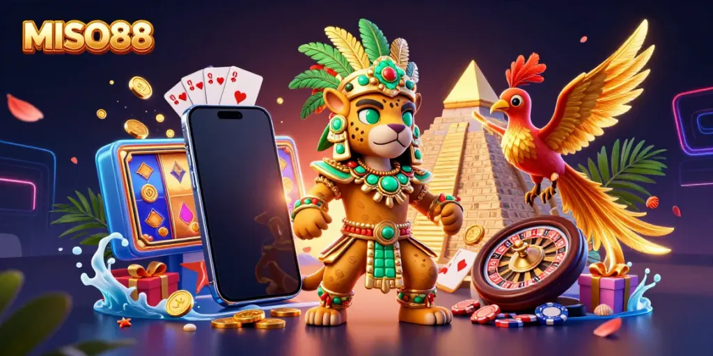 Engage with MISO88's vibrant 3D casino world featuring dynamic slot games and interactive characters.