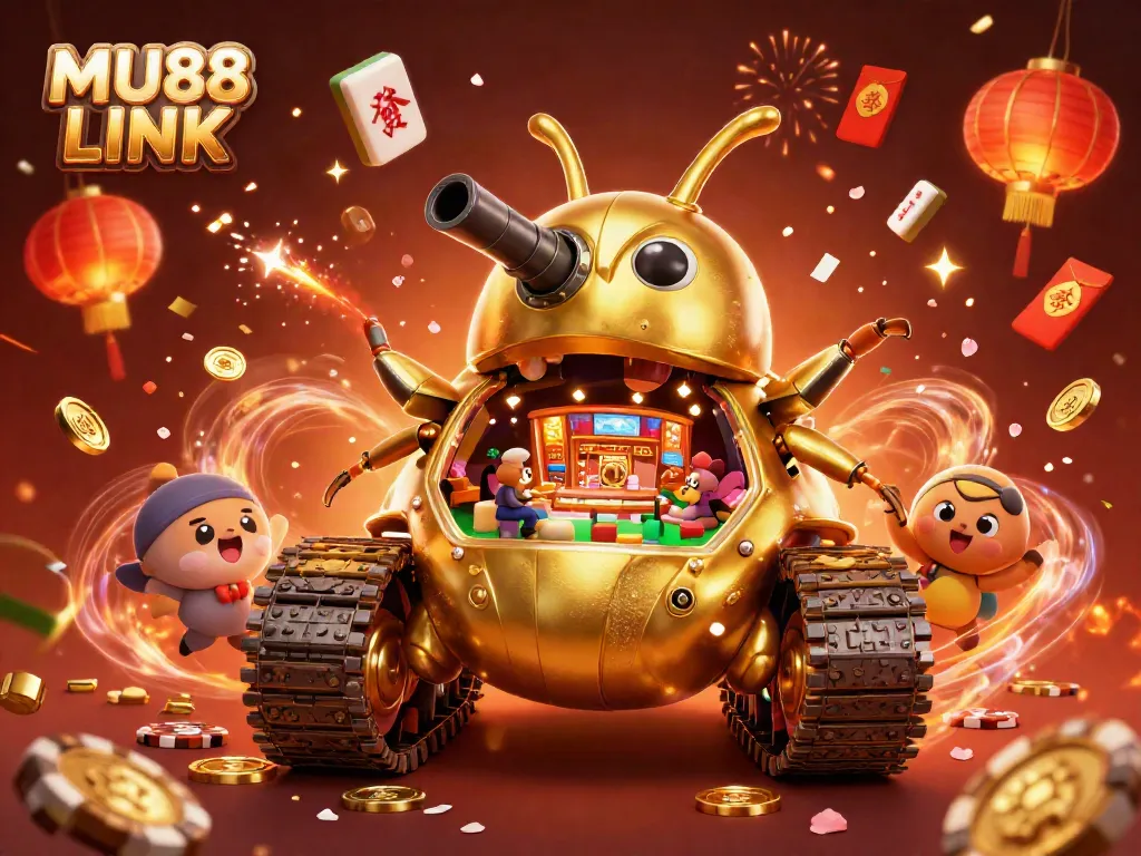 Experience the excitement of MU88 LINK with a dynamic 3D illustration featuring a golden beetle tank casino.