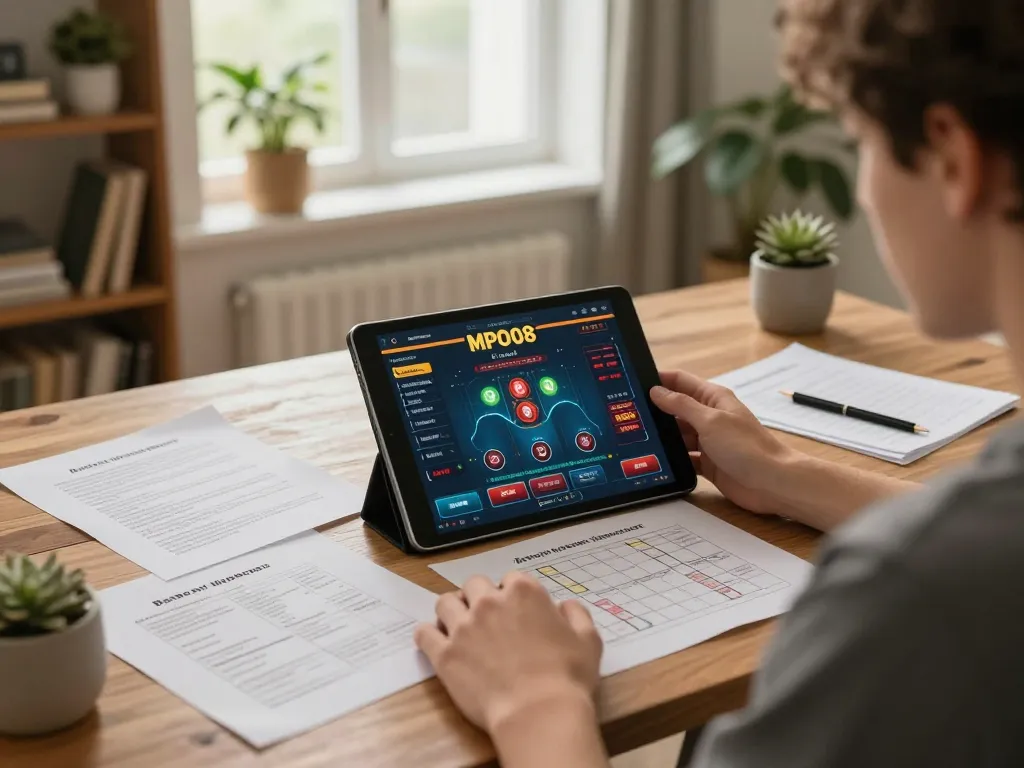 MPO08 user engaged in casino strategy at home, enhancing gaming experience