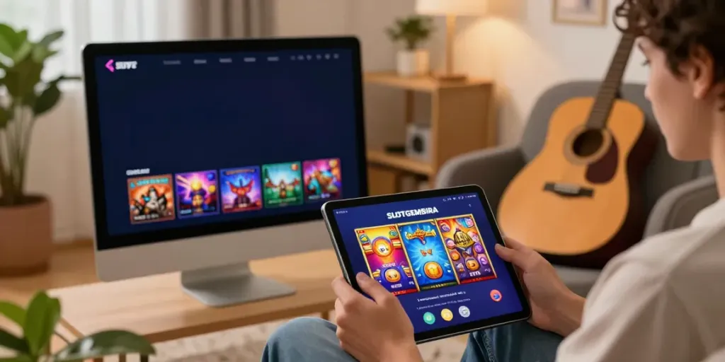 Engaging online gaming experience at shredguitaronline.com with vibrant slot games and acoustic guitar.