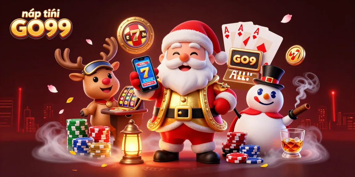 Experience nạp tiền GO99 at a lively casino scene with Santa, a reindeer dealer, and poker-themed snowman.