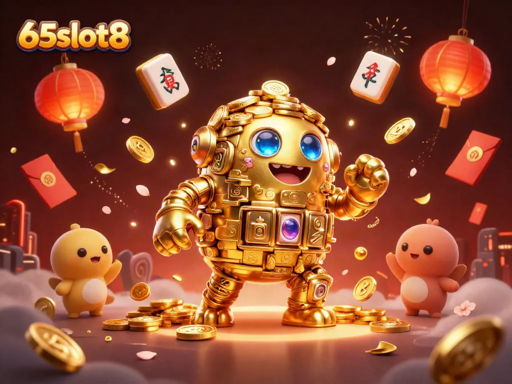 Experience the excitement of 65slot8 casino with animated golden golem and vibrant gaming symbols.