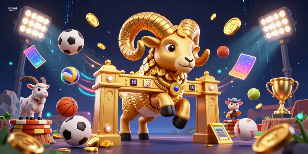 Experience the excitement of rina4d with a golden ram charging through a casino decorated with sports elements and glowing trophies.
