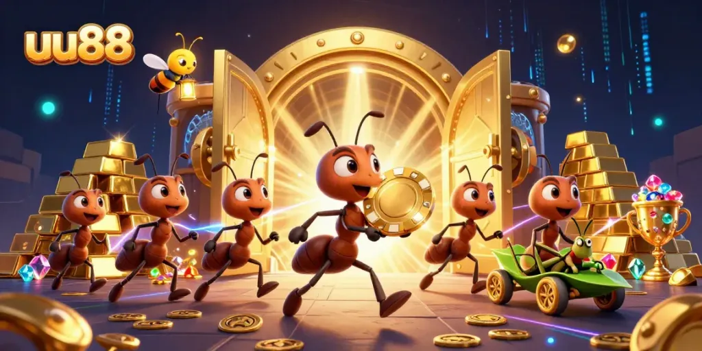 uu88 ant team heist illustration featuring dynamic casino elements and rich details.
