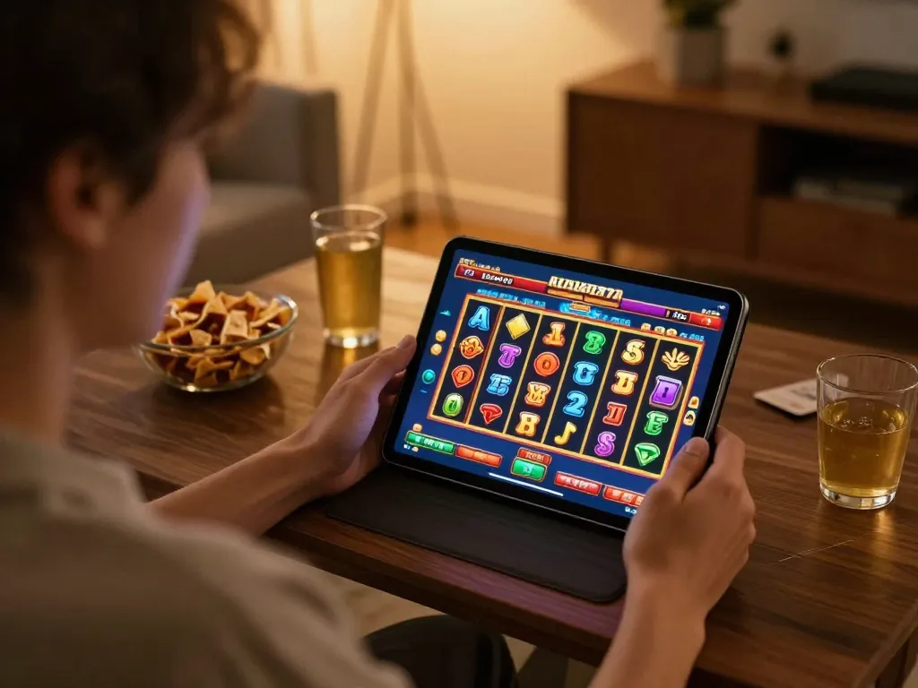 KADAL778 user engaging with exciting online slots gameplay in a cozy home setting.