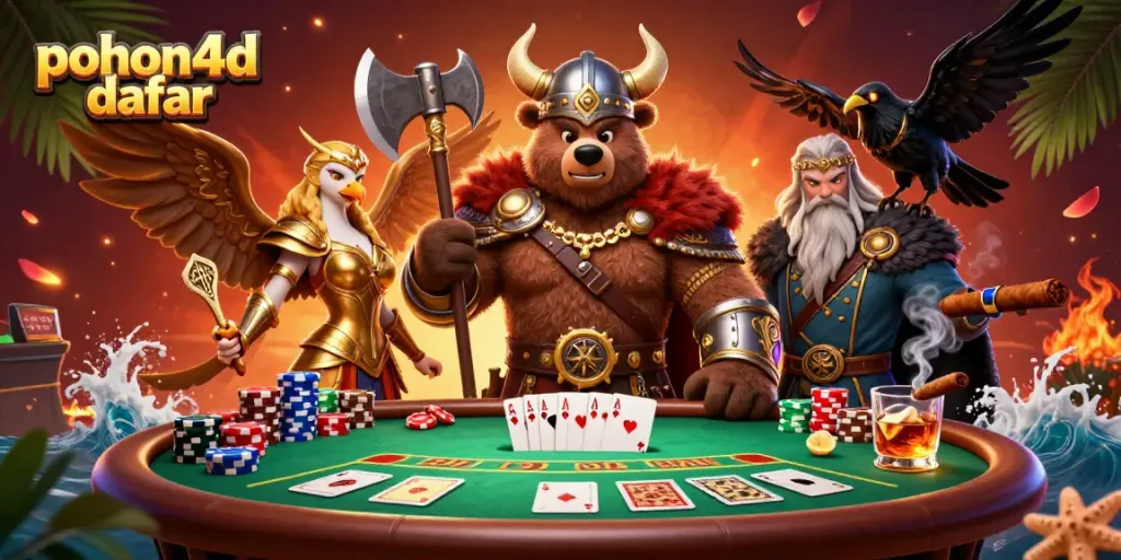 Engage with pohon4d daftar at an exciting poker scene featuring Viking characters and vibrant game elements.