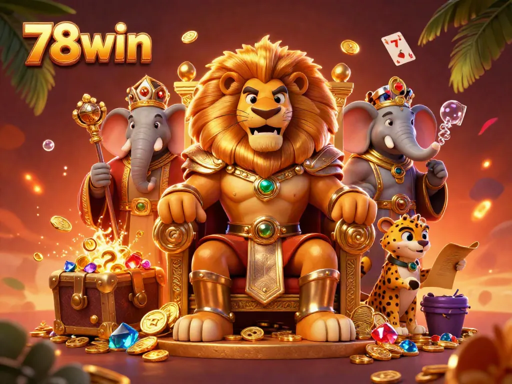 Experience the thrill of victory with 78win in a lavish casino scene featuring a lion king and majestic game elements.