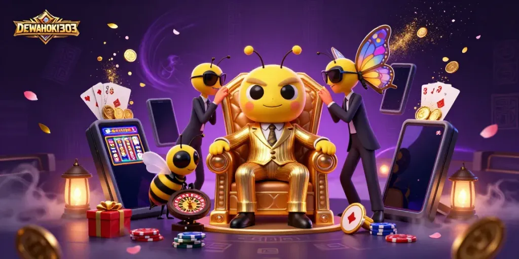 Dewahoki303 menghadirkan suasana kasino yang kaya dan dinamis dengan bos bumblebee di kursi berlapis emas.