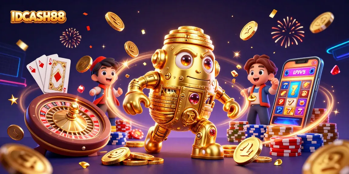 Experience the excitement of winning with IDCASH88's rich casino scene featuring golden golem, coins, and slot machines.