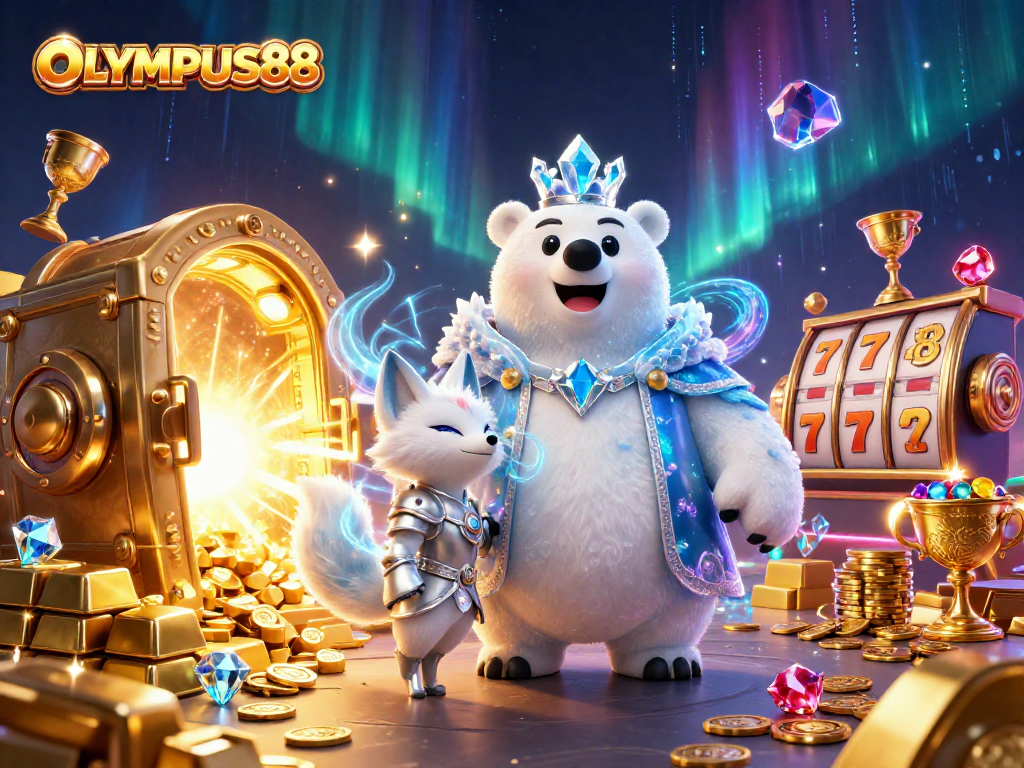 OLYMPUS88 offers immersive gameplay with slot elements and a kingly polar bear, celebrating winning moments.