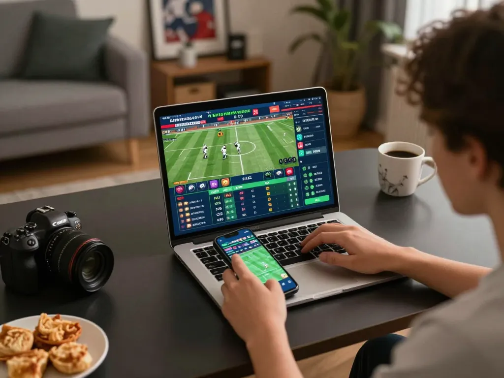 Menempatkan taruhan di platform login m88, menampilkan pengalaman taruhan olahraga online dengan laptop dan smartphone