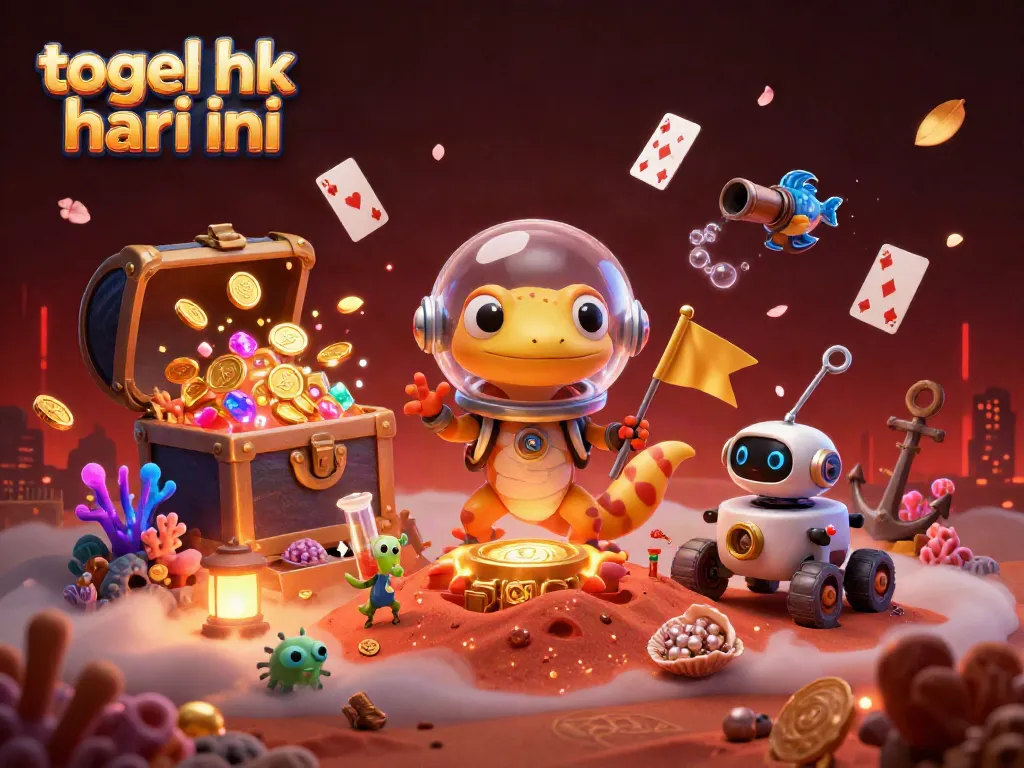 Melihat keluaran togel hk hari ini dengan Martian gecko di kasino emas yang terkubur, suasana ceria dengan percikan koin.