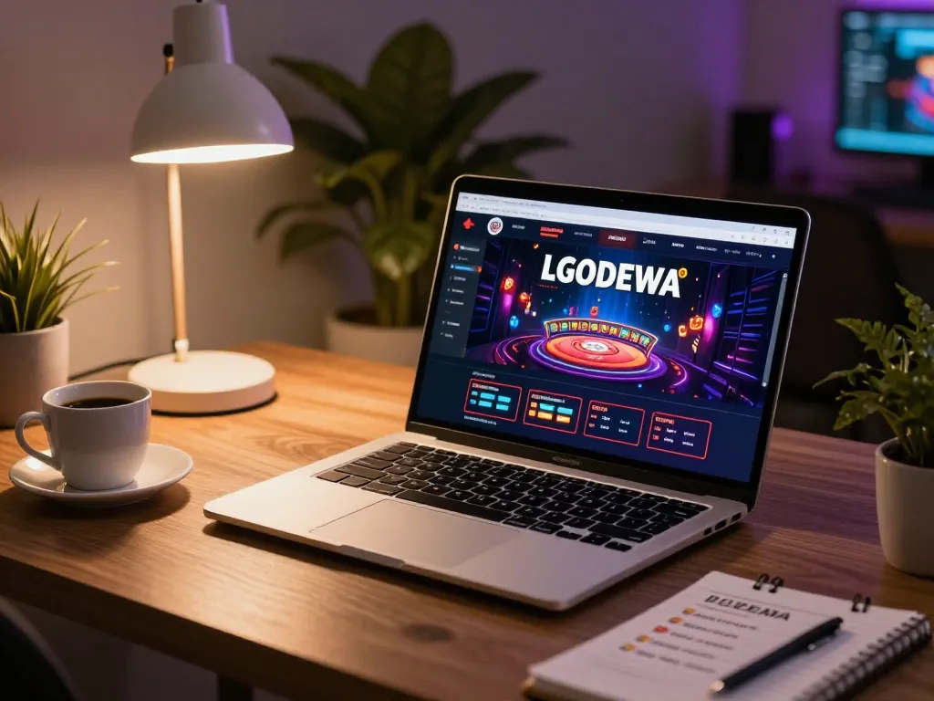 Engaging in online gaming at LGODEWA with a laptop showcasing a slot interface and strategies