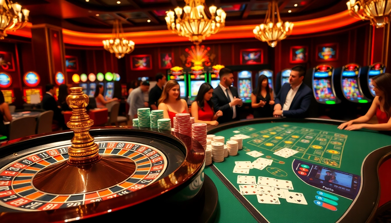Engaging players at an rr88 casino, showcasing vibrant roulette and poker gameplay.
