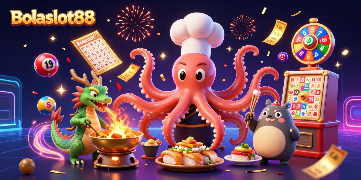 Bolaslot88 showcases a vibrant 3D casino scene with dynamic characters and lottery elements.