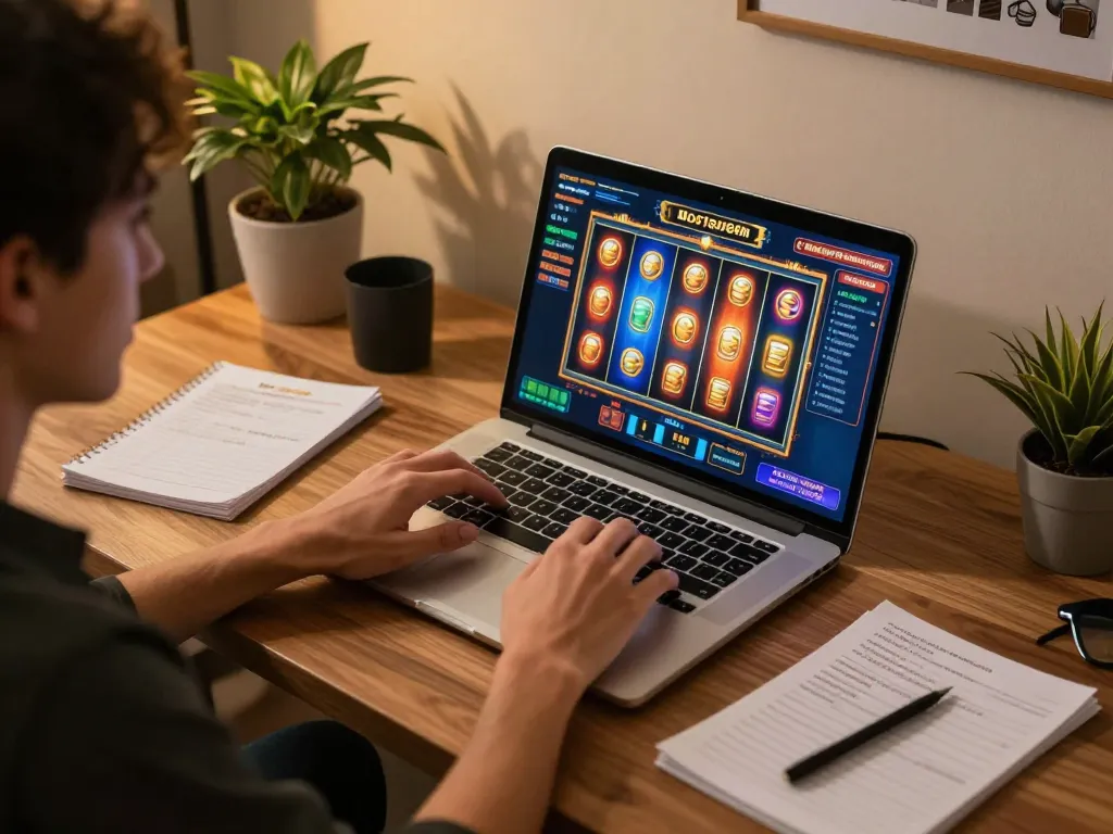 Engaged player enjoying slot88 resmi games on a laptop in a cozy home setup with strategy notes.