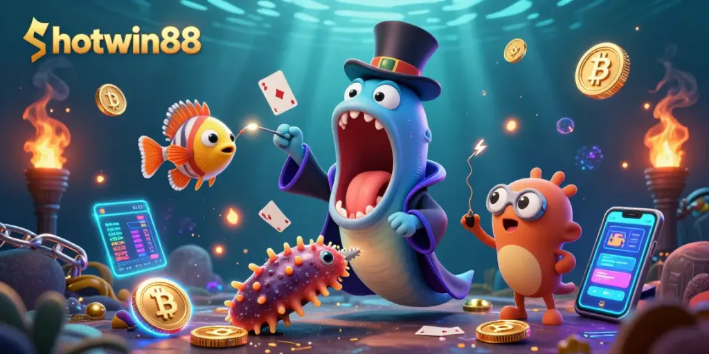 Experience the thrill of hotwin88 as the magician eel performs captivating tricks amidst glowing cryptocurrencies and dynamic game elements.