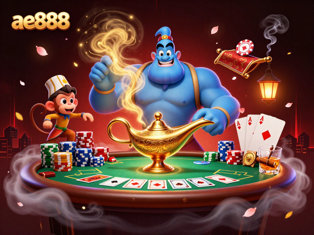 Experience ae888 magic with a colorful poker scene featuring a genie, monkey, and stacked chips.
