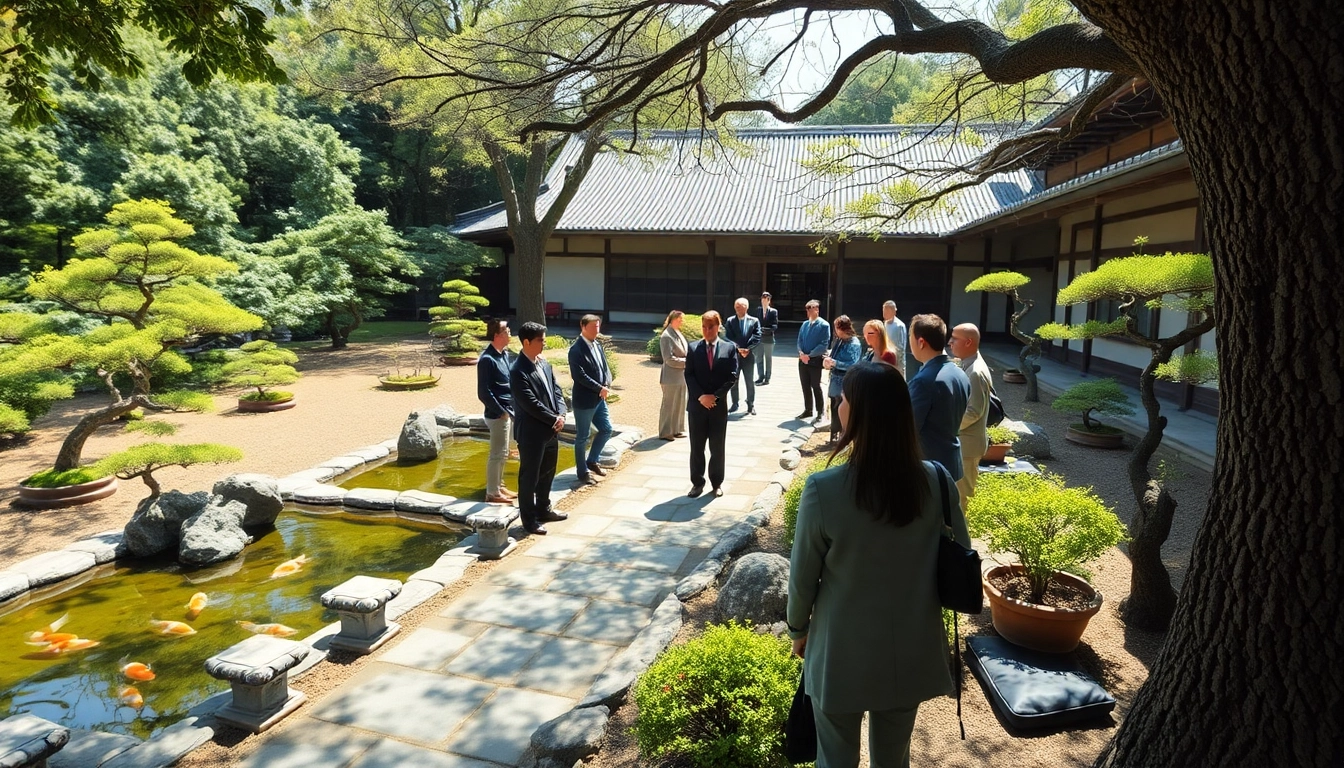 Anggota komunitas berkumpul di taman Jepang dengan tema starjepang yang tenang.